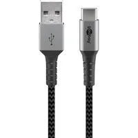 USB 2.0 Kabel, USB-A Stecker > USB-C Stecker grau/silber, 1 Meter, Textilkabel mit Metallsteckern