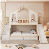Flieks Etagenbett, Kinderbett Hausbett 90x200cm mit Stauraumtreppe, Rutsche, 2 Schubladen