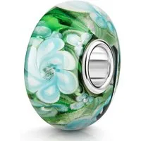 Materia Bead Glas Charm Blumen Blüten Blau und Grün mit Zirkonia 1219, Kern aus 925 Sterling Silber