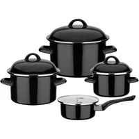 GSW Topf-Set Black & White, Stahl-Emaille (Set, 7-tlg., je 1 Kochtopf Ø 16/20/24 cm, 1x Stielkasserolle Ø 16 cm), Literskala, Induktion