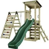 OutdoorToys Spielturm Sevilla, aus Holz in Grün mit Kinderschaukel & Rutsche, Kletterwand
