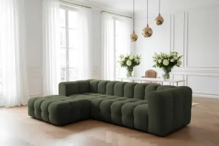 Ecksofa Designersofa SOLVIE in Stoff Tiffani Grün Ottomane Links