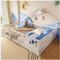 Flieks Kinderbett, Bodenbett Holzbett Hausbett 140x190cm mit Geländer