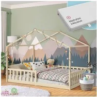 Bellabino Hausbett Bia mit Lattenrost (natur, mit Matratze), Bodenbett mit Rausfallschutz, verfügbar in 80x160 & 90/120/140x200 cm