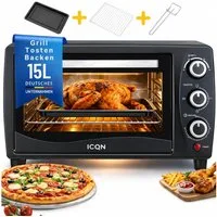 ICQN Kleinküche ICQN Minibackofen 15 Liter, 1200W, 90-230°C, 60 min. Timer, Anthrazit, 3 Kochfunktionen, 60 min, Doppelverglassung, 90-230°C
