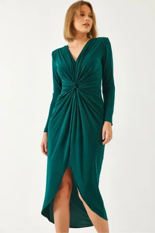 V-Ausschnitt Raffung Midi-Kleid