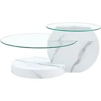 gopop Couchtisch 2er Set, Rundes Glas-Beistelltisch Wohnzimmertisch mit Stauraum, 6 mm Hartglasplatten, MDF-Basis, 90x70 cm