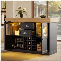 MODFU Bartisch für Küche und Wohnbereich (mit 3-farbiger LED-Beleuchtung, 120-197cm, 360° drehbar, mit Stauraum & Weinregal, Weiß/Schwarz., 1-St., 120-197*40*72cm(L x B x H), mit Stauraum