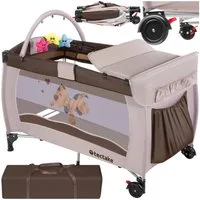 tectake Baby-Reisebett Kinderbett mit Wickelauflage und Transporttasche 132x75x104cm, mit großen Mesh-Einsätzen, Wickelauflage und Seiteneingang in braun