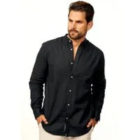 behype Langarmhemd aus Leinen im Regular-Fit Sommerhemd Herren Leinenhemd Freizeithemd mit Stehkragen & Krempelfunktion
