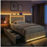 PXloue Polsterbett LED Doppelbett Stauraumbett, mit USB-Laden und Stauraum am Kopfteil,Leinen,90x200 cm