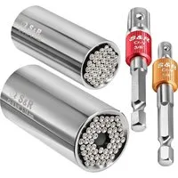 S&R Steckschlüssel Universal Multi Stecknuss, 2x Multifunktion-Nuss, 2x Sechskant Adapter (Set, 4-tlg. Nuss 5-14 mm und 7-19 mm, Adapter 1/4" und 3/8" Vierkant), einfaches Lösen von Muttern, Haken, Bolzen, selbst kaputte Schrauben