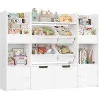 Homfa Spielzeugtruhe Kinderregal mit 2 Schubladen auf Rollen & 4 Boxen Bücherregal, Kinderbücherregal Spiegelregal mit Tür 122x100x30 cm weiß