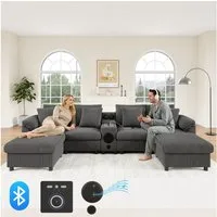 Merax Ecksofa mit Bluetooth-Lautsprecher & Medienkonsole, U-/L-Form Ecksofa, inkl. Hocker & Kissen, für 4–6 Personen, Cordstoff 1 Teile, Modulares Sofa mit Stauraum, Wireless Charging, USB & Getränkehaltern