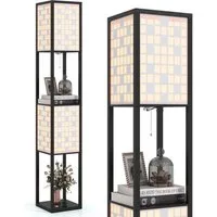 COSTWAY Stehlampe, 156cm Holzregal, Fußschalter, Würfel Muster-Lampenschirmen