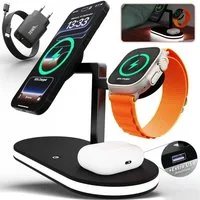 GreenHec Ladestation iPhone Apple Watch Induktiv LED-Licht Wireless MagSafe für Wireless Charger (3000 mA, Spar-Set, 3in1 PowerBase + USB-C Kabel + 20w Dual Charger, iPhone 17 16 15 14 13 12 Pro Max Air Plus Charger Induktionsladegerät)
