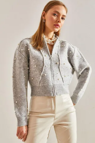 Perlenverzierten Reißverschluss-Crop-Cardigan