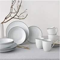 OTTO home Kombiservice Mellinn (16-tlg), 4 Personen, Porzellan, Geschirr, trendige Coupeform, handgemalte, schwarzes Liniendekor