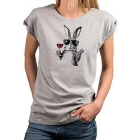 MAKAYA T-Shirt Damen Shirt mit Hase, Weinglas & Sonnenbrille – witziger Print (Weiß, Rosa, Dunkelgrau, 34, 36, 38, 40, 42, 44, 46, 48, 50) Baumwolle