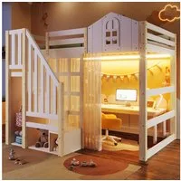 Flieks Hochbett Kinderbett Hausbett 140×200cm mit LED, Gazevorhang, Stauraumtreppe