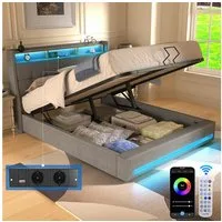 oyajia Polsterbett Doppelbett mit LED Licht 140x200cm,Hydraulisch anhebbarer Stauraumbett (Mit Lattenrost und Ladefunktion, Leinenmaterial Polsterbettt), Modernes Jugendbett, Leises Design Bett, Max. Belastbarkeit 350 kg