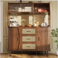 Flieks Küchenbuffet Hochschrank mit Glasschiebetüren und Rattan-Schubladen Holzoptik (140x40,5x174,5 cm, 1-St., Mehrzweckschrank mit Massivholzbeine) Küchenschrank mit Arbeitsplatte und Gläserhalter Walnussholzfarbe