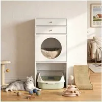 FUFU&GAGA Katzentoilette Katzenschrank mit 2 Schubladen, Weiß, MDF, 3-in-1 Design, platzsparende vertikale Bauweise