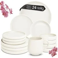 Moritz & Moritz Tafelservice SOLID UNI Geschirrset Creme mit Tassen (24-tlg), 6 Personen, Steinzeug, Kombigeschirr für 6 Personen