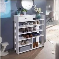 FINEBUY Schuhregal FB54442 Weiß 75x92,5 cm Flurregal Hoch Regal 7 Fächer mit Schublade, 75 x 92,5 x 24 cm, Flurregal Weiß Modern, Standregal mit 7 Fächern, Regal mit Schublade