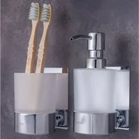 Dolvhin Seifenspender und Zahnputzbecher Set, Glas Handseifenspender & Zahnbecher, (Seifenspender Set inkl. extra starkem 3M Klebestreifen), 250ml Milchglas & herausnehmbarer Zahnbecher Trennfach