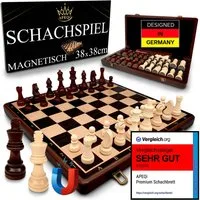APEQi Spiel PREMIUM Schach - Schachspiel Holz hochwertig - Schachbrett mit Figuren, Massivholz, 2 EXTRA-Damen, Geschenkidee, klappbar, 34 Schachfiguren