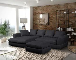 Ecksofa Sofa TIZIAN inkl. Hocker in Stoff Preston Schwarz Ottomane Links