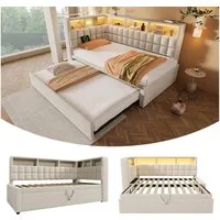 i@home Polsterbett Gästebetten 90×200 cm mit Ausziehbett (LED-Beleuchtung 16 Farben, USB & Type-C Ladefunktion, Bluetooth-Lautsprecher, 1-tlg., Schlafsofa, L-Kopfteil mit Stauraum), Kinderbett ohne Matratze Leinen