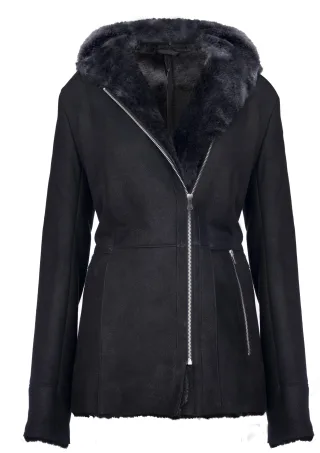Schwarze Damen-Jacke aus Merino-Schaffell mit Kapuze, Mandalay