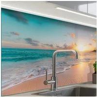 KitchenYeah Küchenrückwand selbstklebend Sonnenuntergang - Strand - Meer - Sommer - Blau, (1-tlg), Spritzschutz, Küche, Rückwand, Küchenwand, Küchenfront, 80x60 cm