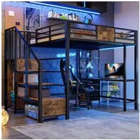Flieks Hochbett Metallbett 140x200cm mit Schreibtisch Stauraumtreppe LED und Aufladen