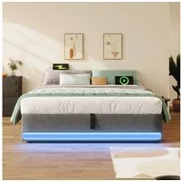 TavilaEcon Boxspringbett Polsterbett mit LED-Leiste, USB und Typ-C, Ohne Kopfteil, Hydraulik-Stauraum, ohne Matratze, Grau