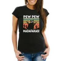 MoonWorks Print-Shirt Damen T-Shirt Pew Pew Madafakas! schwarze Katze Spruch Meme Frauen Fun-Shirt lustig Moonworks® mit Print