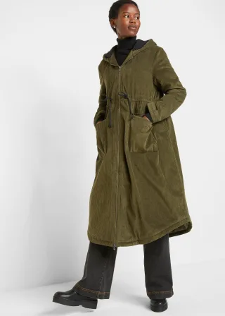 bonprix Cord-Mantel mit Teddy-Fleece Kapuze aus reiner Baumwolle, grün, Gr.42, Herbstlicher Cord-Parka aus 100% Baumwolle mit mit Teddy-Fleece Kapuze, aus 100% Baumwolle,Cord