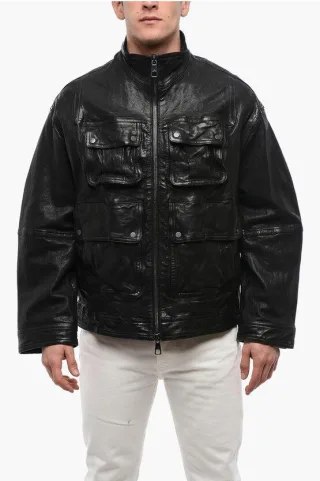LOOSE WASHED Lederjacke mit vielen Taschen in Schwarz