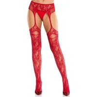 Leg Avenue Strapsstrümpfe Straps-Strümpfe mit Strapsgürtel - rot (1-Paar) zartes Spitzenmuster kombiniert mit klassischem Netzdesign