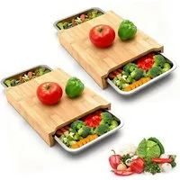 BlingBin Schneidebrett Schneidebrett mit 2 Verschiebbaren Edelstahl-Tabletts, 40x29x4 cm, Bambus und Holz + Edelstahl, (2er Set, 2-St., Produktabmessungen: 42 × 30 × 3,2 cm), Küchenschneidebrett für Lebensmittelzubereitung, Fleisch, Gemüse