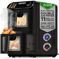 TurboTronic by Z-Line Heißluftfritteuse mit 2 Kammern Übereinander, XXL Doppelkammer Airfryer 11L, Dual Zone, 2460 W, Umluft Backofen Edelstahl fettarmes gesundes Kochen wenig Öl