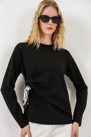 Damen Langarmshirt mit Rundhalsausschnitt und Bindedetail