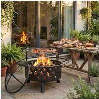 TLGREEN Feuerschale mit 360° Drehbarer Grill, (Garten Feuerkorb mit Funkenschutz, verstellbarem Grillrost & Zubehör), Ø 76 cm Feuerkorb, für 6-8 Personen – Outdoor Grillstelle