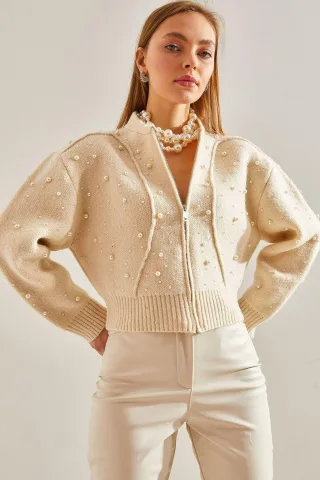 Perlenverzierten Reißverschluss-Crop-Cardigan