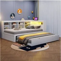 Odikalo Ausziehbett Daybett Schlafsofa USB LED Regal Ablagefächern Stauraum Weiß 90x200cm