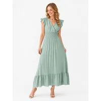 ANNIS WIESBADEN EST. 2021 Maxikleid Kleid "Livia" mit Smokbund und V-Ausschnitt, Farbe salbeigrün Smokbund, Flügelärmel, Stretch