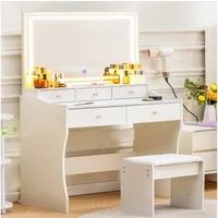 COMHOMA Schminktisch mit Spiegel und LED, 5 Schubladen, 80 x 40 x 135 cm mit Hocker, Steckdosen+verstellbaren LED-Beleuchtung