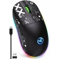 RUHE RGB Gaming Maus Kabellos Wireless Leise Maus Beleuchtung Plug & Play Gaming-Maus (Bluetooth, Funk, kabelgebunden, 3 Geräte Verbindung, Drahtlos, Optische Maus, 3600 dpi, 10M Einstellbar DPI Schwarz Weiß 6 Tasten für Laptop/PC/Mac/Computer)